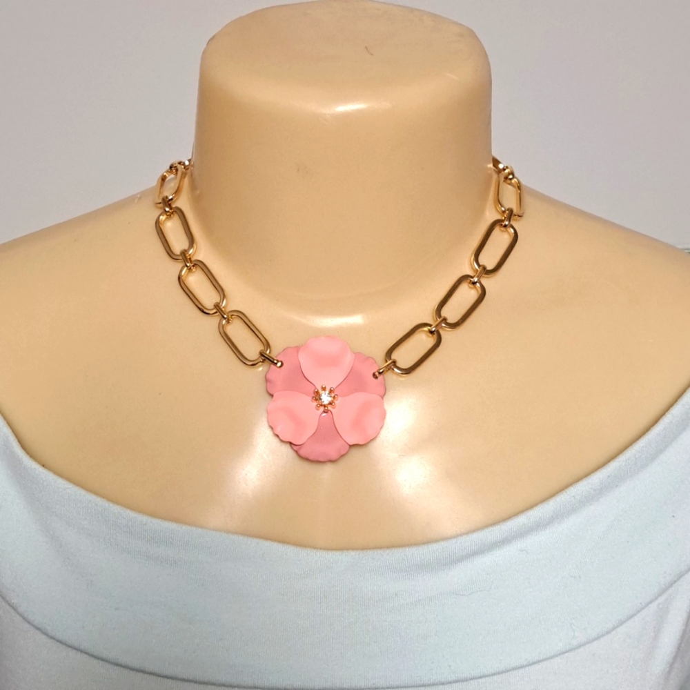 Bay Studio Gold Chain Necklace Pink Floral Crystal Gem Accent  BGJB